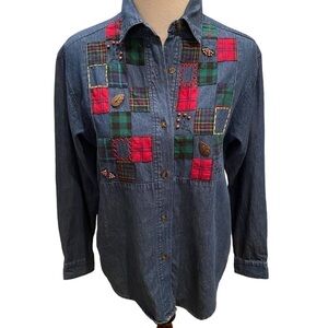 SUSAN BRISTOL Fall Denim Shirt Women Long Sleeve Tartan Patched Chambray Medium